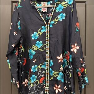 Johnny Was Black Blouse with Blue and Red Floral Design Size L
